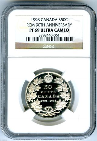 1908 - 1998 Canada Silver Proof 50 Cent Ngc Pf69 Rcm 90th Anniversary Half Dollar photo
