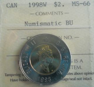 Rare 1998 W Canadian Two Dollar Toonie Graded Ms - 66 By I.  C.  C.  S No Tax photo