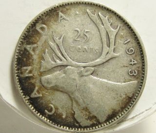 1943 25c Canada 25 Cents,  Silver,  Canadian Quarter,  Toned 4370 photo