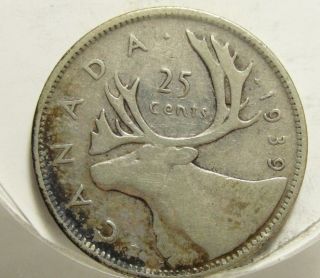 1939 25c Canada 25 Cents,  Silver,  Canadian Quarter,  Toned 4365 photo