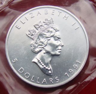 Silver Coin 1 Troy Oz 1991 Canada Maple Leaf.  9999 Pure Royal Bu photo