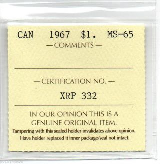 1967 Canada Silver Centennial Goose Dollar Iccs Ms - 65 Trends $450 photo
