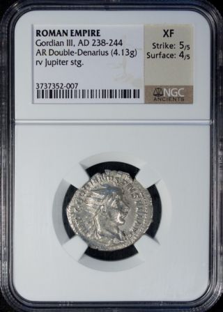Ad 238 - 244 Roman Empire Gordian Iii Ar Double - Denarius Ngc Xf Silver photo