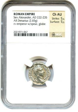 222 - 235 Ad Sev.  Alexander Ar Denarius Ngc Ch Au (ancient Roman) photo