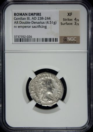 Ad 238 - 244 Roman Empire Gordian Iii Ar Double - Denarius Silver Ngc Xf photo