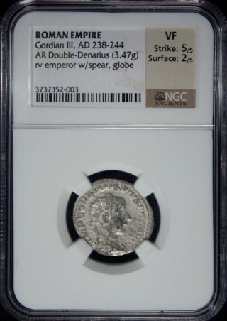 Ad 238 - 244 Roman Empire Gordian Iii Ar Double - Denarius Silver Ngc Vf photo