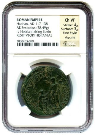 117 - 138 Ad Hadrian Ae Sestertius Ngc Ch Xf (ancient Roman) photo
