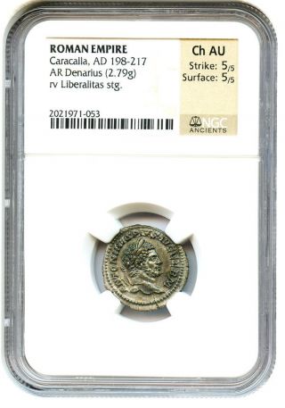 198 - 217 Ad Caracalla Ar Denarius Ngc Choice Au (ancient Roman) photo
