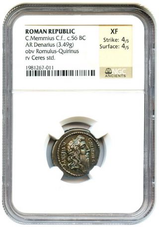 56 Bc C.  Memmius C.  F.  Silver Denarius Ngc Xf (ancient Roman) photo