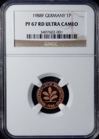 1988 F Germany 1 Pfennig Ngc Pf 67 Rd Ultra Cameo Unc Copper Plated Steel photo