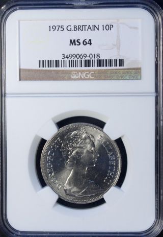 1975 Great Britain 10 Pence Ngc Ms 64 Unc Copper - Nickel photo