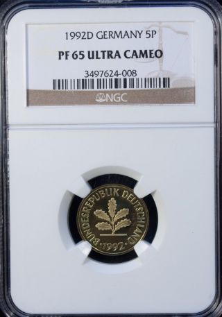 1992 D Germany 5 Pfennig Ngc Pf 65 Ultra Cameo Unc Bronze Plated Steel photo