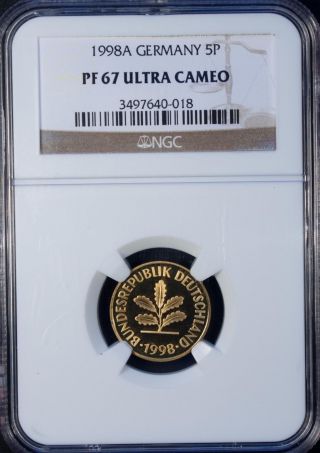 1998 A Germany 5 Pfennig Ngc Pf 67 Ultra Cameo Unc Brass Plated Steel photo