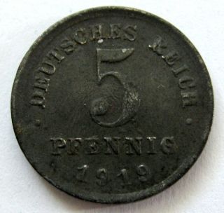 1919 - D Germany Empire 5 Pfennig Coin Km 19 R photo