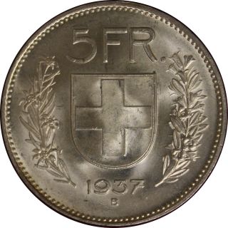 Svizzera Switzerland Suisse Helvetia 5 Franchi Francs 1937 Alphirt Rare Pf792 photo