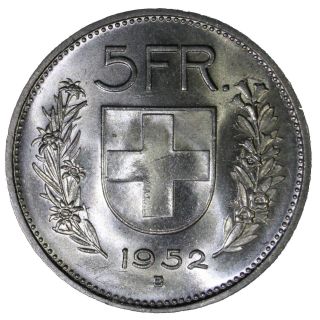 Svizzera Switzerland Suisse Helvetia 5 Franchi Francs 1952 Alphirt Rare Pf772 photo