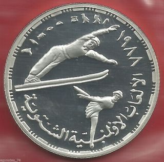 Egypt,  Silver 5 Pounds 24th Winter Olympics 1988 In Seoul Proof (va),  Rare photo