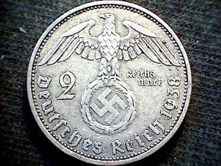 Germany Third Reich 1938 A 2 Reichsmark Hindenburg Swastika Silver photo