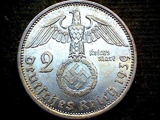 Germany Third Reich 1939 A 2 Reichsmark Hindenburg Swastika Silver photo