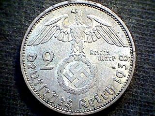 Germany Third Reich 1938 J 2 Reichsmark Hindenburg Swastika Silver photo