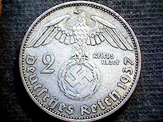 Germany Third Reich 1937 A 2 Reichsmark Hindenburg Swastika Silver photo