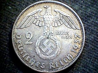 Germany Third Reich 1937 D 2 Reichsmark Hindenburg Swastika Silver photo