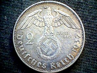 Germany Third Reich 1937 G 2 Reichsmark Hindenburg Swastika Silver photo