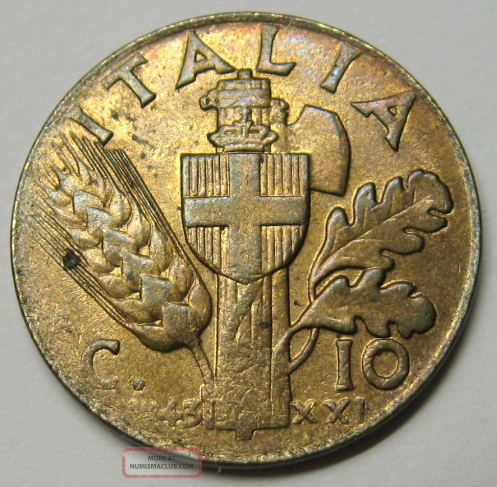 Italy 10 Centesimi 1943 R Xxi Coin Km 74a (6) Italy 10 Centesimi 1943 R Xxi Coin Km 74a (6)