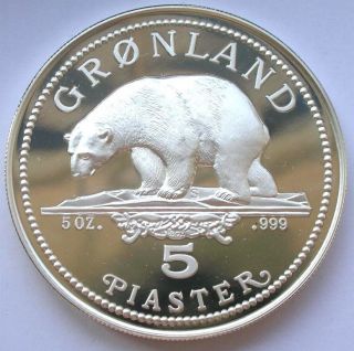 Greenland 1987 Ice Bear 5 Piaster 5oz Silver Coin,  Proof photo