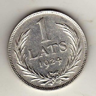 Latvia Republic.  1 Lats 1924,  Silver Vf+. . photo