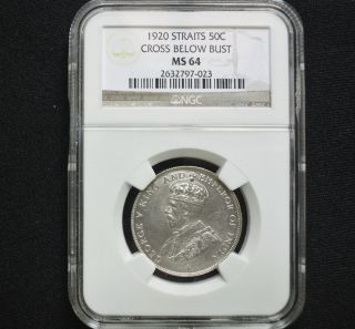Ngc Ms - 64 Bu 1920 Straits Settlements Silver 50 Cent Unc Uncirculated photo