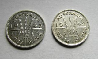 2 X 1943 Australian 3 Pence Silver Coil 1943 And 1943 - D photo