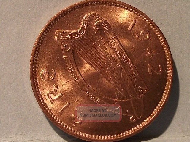 Ireland Coin 1942 Half Penny Full Red Uncirculated
