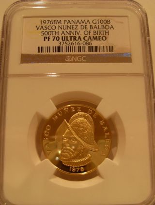 Panama 1976fm Gold 100 Balboas Ngc Pf - 70uc 500th Anniversary - Birth Of Balboa photo