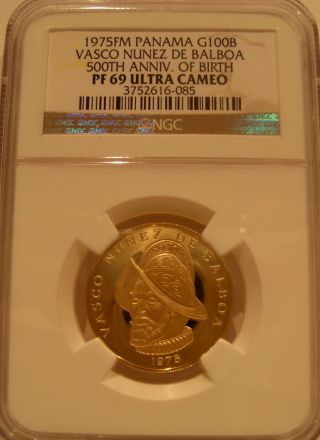 Panama 1975fm Gold 100 Balboas Ngc Pf - 69uc 500th Anniversary - Birth Of Balboa photo