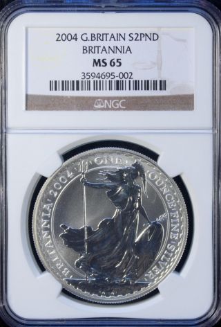 2004 Great Britain 2 Pound Silver 1 Oz.  Ngc Ms 65 Unc Britannia photo