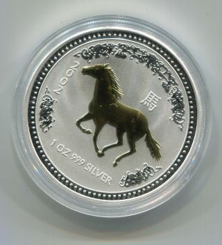 2002 Australia $1 Gilded Year Of The Horse 1 Oz.  999 Silver Commemorative photo