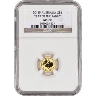 1/20 Oz Pure Gold Coin - 2011p Australia G$5 Year Of The Rabbit Ms - 70 photo