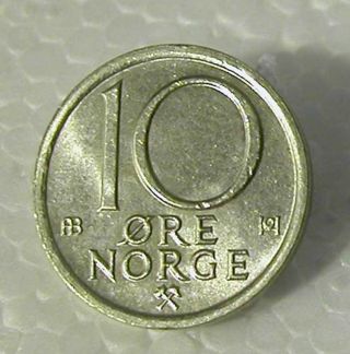 Norway - Olav V - Copper - Nickel 10 Ore 1976 Km 416 X.  F photo
