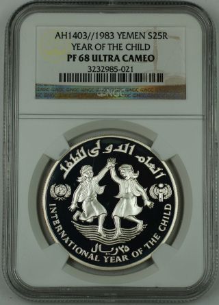 1983 Ah1403 Yemen Silver 25 Riyals Proof Coin,  Ngc Pf - 68 Uc,  Year Of The Child photo