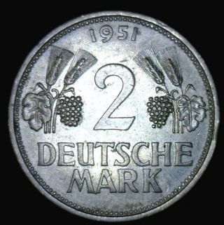 Germany 2 Mark 1951 F Copper - Nickel Au To Bu 1951 2 German Mark Coin photo