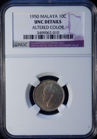 1950 Malaya 10 Cent Ngc Unc Details Copper - Nickel photo