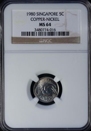 1980 Singapore 5 Cents Ngc Ms 64 Unc Copper - Nickel photo