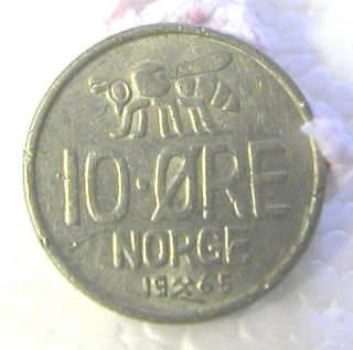 Norway - Olav V - Copper - Nickel 10 Ore 1965 Km 411 - V.  F photo