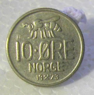 Norway - Olav V - Copper - Nickel 10 Ore 1973 Km 411 - V.  F+ photo