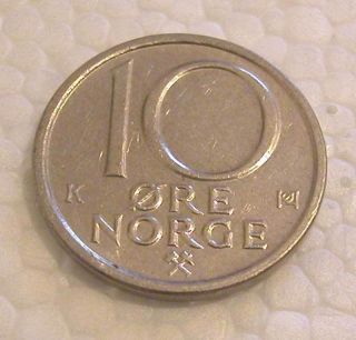 Norway - Olav V - Copper - Nickel 10 Ore 1985 Km 416 X.  F photo