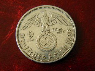 German 2 Mark 1938 A Silver Coin With Eagle 1359 photo