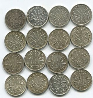 16 (sixteen) Australia Sterling Silver 3 Pence - 1938 To 1944 photo