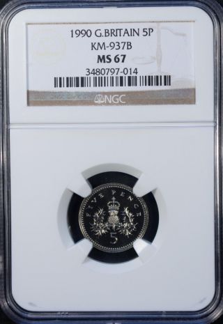 1990 Great Britain 5 Pence Ngc Ms 67 Unc Copper - Nickel photo
