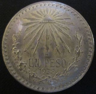 1938 Silver One Peso Coin Mexico Brilliant Uncirculated Liberty Cap Ray photo